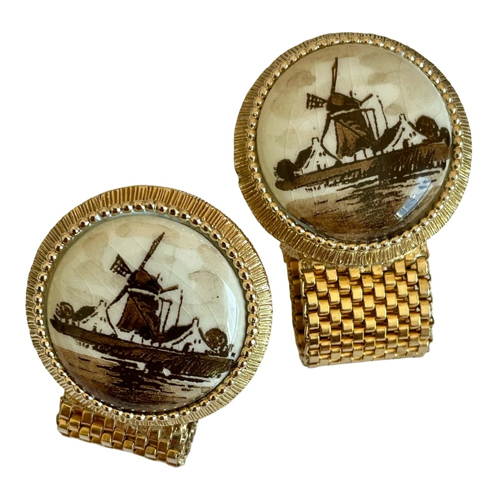 Vintage 1960s SWANK Ceramic Delft Goldtone Cuff Links